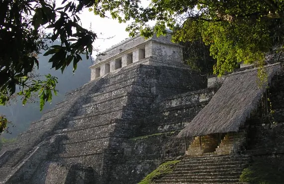 Temple maya en pierres grises entouré de végétation